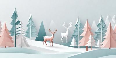 The primary subject of the image is a deer standing in a snowy forest. The setting is a snowy landscape with trees and a mountain in the background. The visual style is a combination of digital art and illustration, creating a realistic and detailed representation of the deer and its surroundings. The colors and mood of the image are predominantly white and cold, reflecting the snowy environment and the winter season.